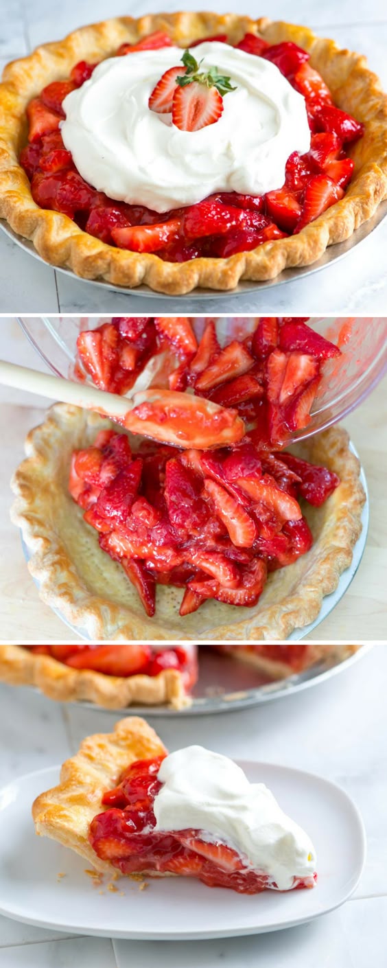 I love this fresh strawberry pie recipe! The strawberry filling has sweet strawberries coated in a light strawberry glaze, and then the whole pie is topped with whipped cream. It's the perfect way to use up fresh strawberries!