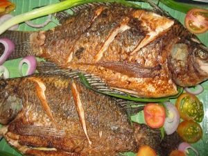 Fried Tilapia - Yummy fish caught in Lake Victoria and enjoyed in parts of Sudan, Kisumu, Kenya and Kampala, Uganda. In Kisumu it's also recooked, whole, in a stew of tomatoes & onion.