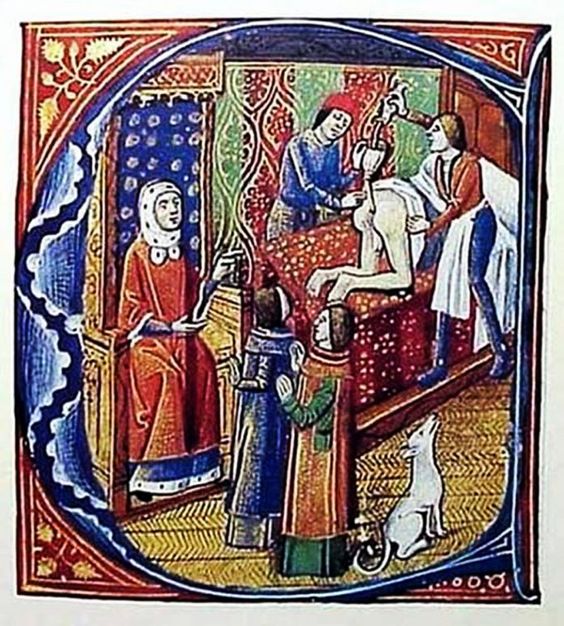 Medieval depiction of an enema being performed