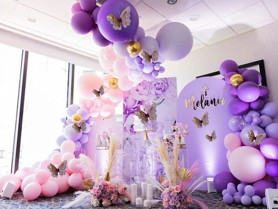 🎈126Pcs Purple Butterfly Theme Balloon Garland KIt: (12pcs purple pink 3D butterfly stickers + 30pcs 12in purple balloons + 30pcs 12in light purple balloons + 5pcs 12in chrom purple balloons + 5pcs 12in chrom gold balloons 20pcs 5in purple balloons + 20pcs 5in light purple balloons.) whole balloon garland accessories kit (17ft long balloon decorating strip tape + 1pcs balloon tying tool + 33ft long ribbon). 🎈Quality: Unlike other stores, we offer more purple balloons and purple butterflies, wh