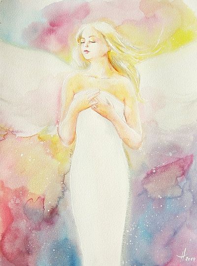 Original angel painting "feeling" , abstract spiritual mystic art painted with watercolors, modern contemporary artwork,colorful, gift