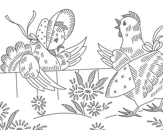 Vintage Embroidery Transfer repo 3482 Animated Birds for Kitchen dish towels 40s
