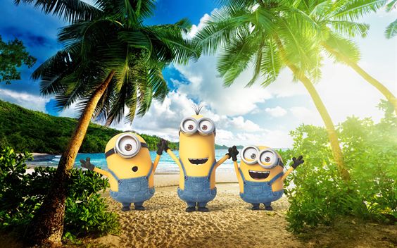 Download wallpapers Minions, 4k, palms, exotic beach, Kevin, Stuart, Bob, sea, summer