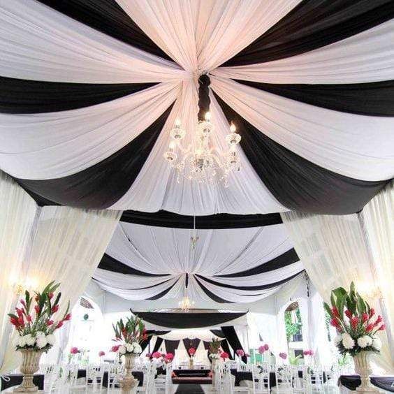Black 20 feet long Premium Sheer Voile Ceiling Draping Panel in 2021 | White wedding decorations, White party decorations, Black and white party decorations