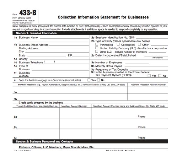 IRS Form 433-B Collection Information Statement for Businesses - authorization request form IRS Form 433-B Collection Information Statement for Businesses - authorization request form