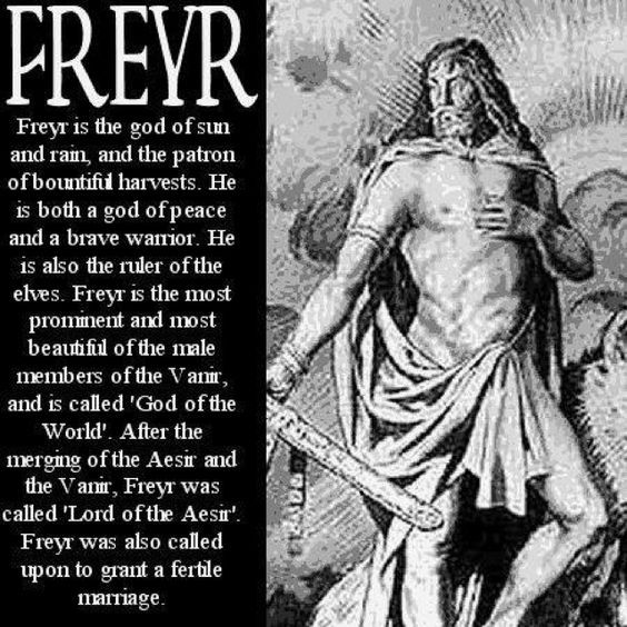 Freyr is a Norse God of weather and fertility; brother of Freya. The dwarves build Freyr a ship, Skidbladnir, that can hold all the Gods or fit in his pocket. Freyr goes as a hostage to the Aesir, along with Njord and Freya. He courts the giantess Gerd through his servant Skirnir.