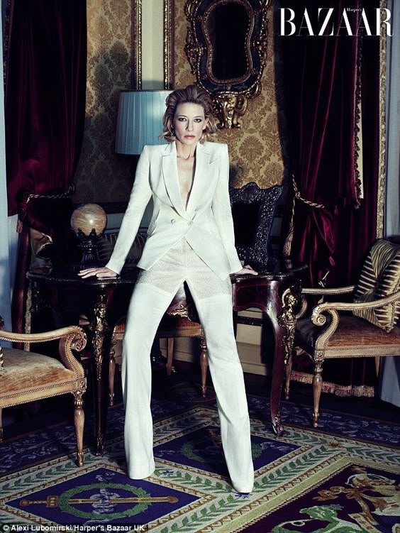 All white now: Cate Blanchett poses in an Antonio Berardi suit for the April issue of Harper's Bazaar UK magazine