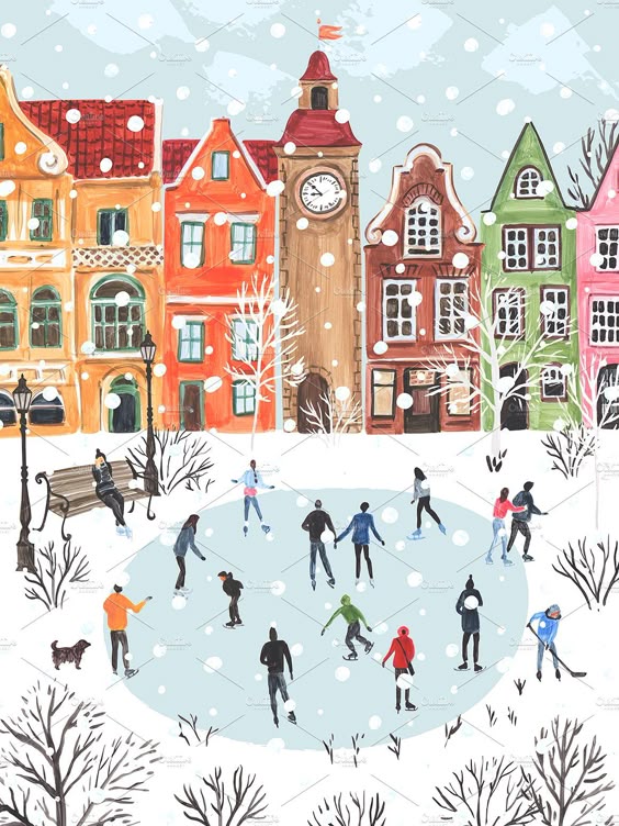 Winter town. Hand drawn set
