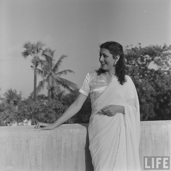 Hindi Movie Actress Madhubala in White Sari - Photo shoot by James Burke in 1951 - Old Indian Photos