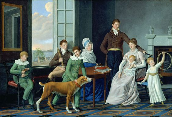 william berczy- the woolsey family 1809. establishing familial pride through commissioning of painting. documents/depicts family, but laden with symbolism. dog-fidelity, gold, blue- royalty, wealth, elegance, refinement. white-virginal, madonna and child. man at the top- protective, triangle. then attributes of education repres. through reading, music etc. using europ. model.