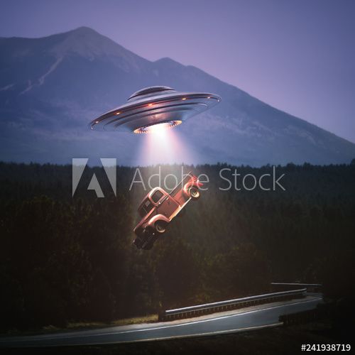 Stock Image: Unidentified flying object lifting a car from road. Concept of alien abduction. Clipping path included.