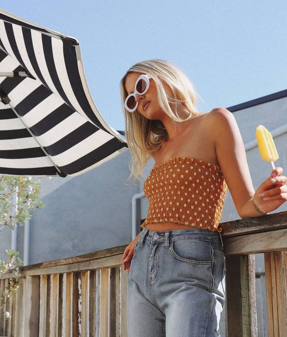 SUMMER VIBES âï¸ Livin' for Summer days in our Mustard Funk Town Crop Top, Knox Vintage Jeans & Minkpink Untouchable Sunglasses White/Terracotta -- All online now â¼