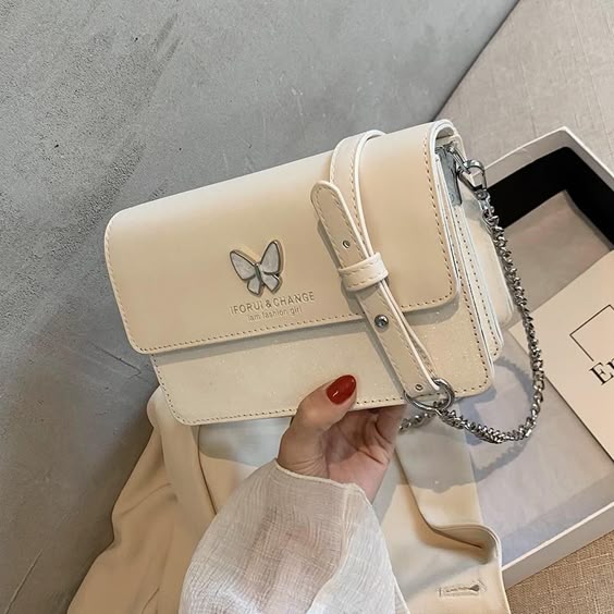 Buy White Glitter Flap Butterfly Crossbody Chain Bag Purse with Zipper Worldwide Free shipping and return, color: White , material: PU