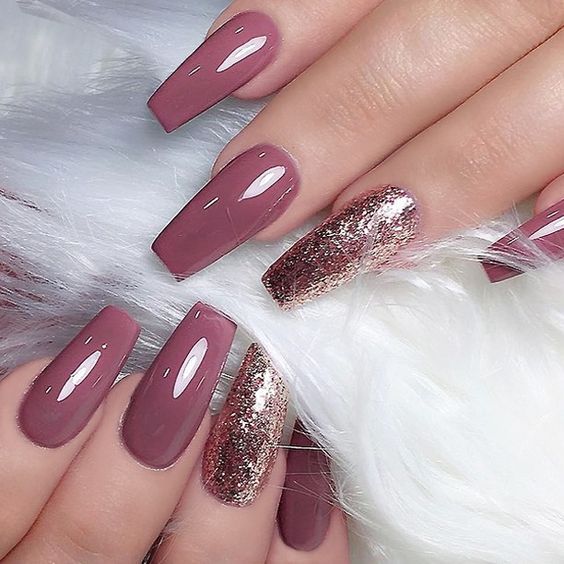 Coffin Nails Mauve Pink With Glitter Mauve Nails Light Pink Acrylic Nails Acrylic Nails Coffin Short