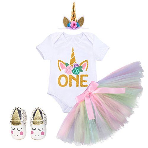 Baby Girl 1st Birthday Unicorn Party Dress Outfits 4pcs Outfits Set Kids Clothes