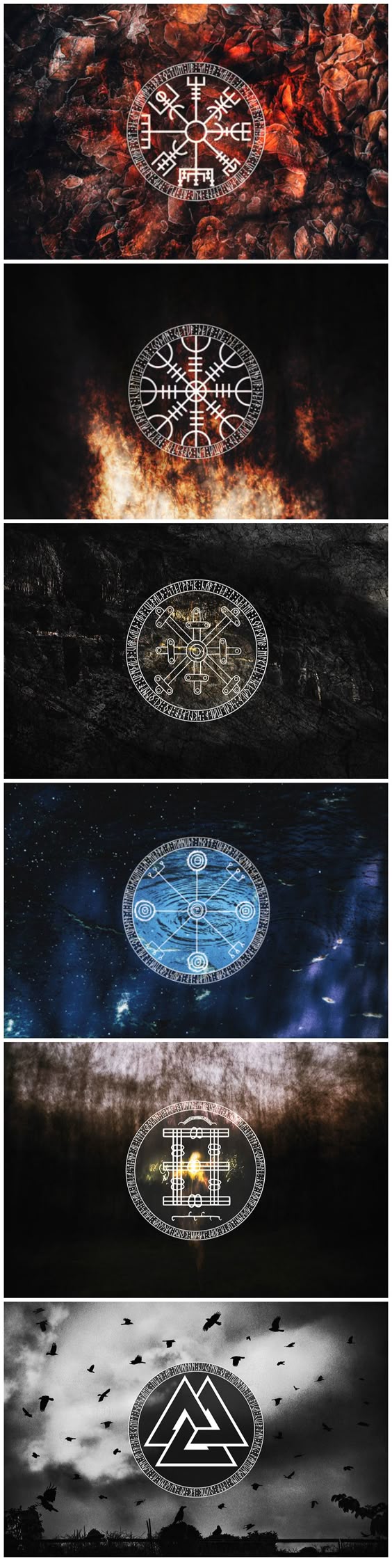 Ásatrú serie de símbolos. Cada obra representa a un elemento. Se presentan aquí en el siguiente orden: fuego, tierra, metal, agua, madera y aire. Los símbolos son acompañados por estrofas del Hávamál o Völuspá, escritos en runas islandesas.