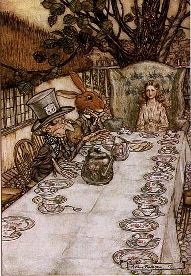 There was a table set out under a tree in front of the house, and the March Hare and the Hatter were having tea at it: a Dormouse was sitting between them, fast asleep, and the other two were using it as a cushion, resting their elbows on it, and the talking over its head. Very uncomfortable for the Dormouse, thought Alice; only, as it's asleep, I suppose it doesn't mind.