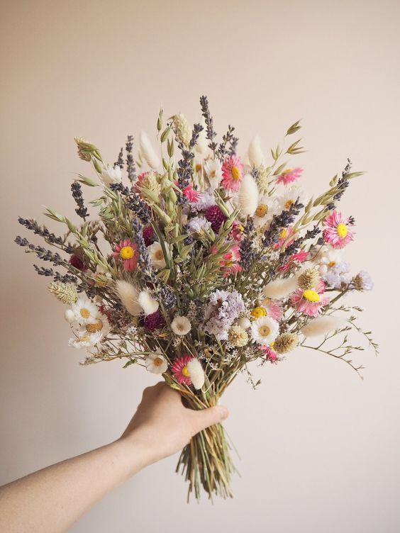 Pink Dream Peach Dried Flowers Bouquet / Preserved Daisy Rose Flowers  Bouquet / Wedding Bridal Bouquet / Preserved Silver Grey Herbs Natural 