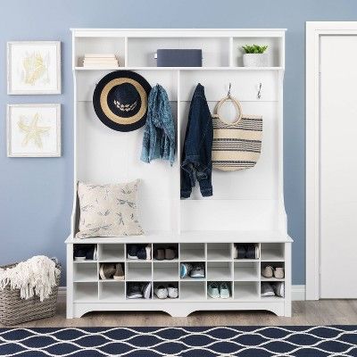 60 Wide Hall Tree With 24 Shoe Cubbies White Prepac In 2020 60 Wide Hall Tree With 24 Shoe Cubbies