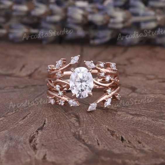 Oval Cut Moissanite Engagement Ring Set Natural Leaf Vine | Etsy