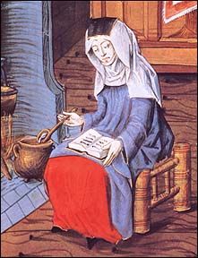 Margery Kempe (1373-1438) was a medieval housewife who, after a religious experience, left her husband and children to go on a great journey of travel and mysticism. She dictated 'The Book of Margery Kempe', a work considered by some to be the first autobiography in the English language. This book chronicles her extensive pilgrimages to various holy sites in Europe and Asia, as well as her mystical conversations with God. An illumination from M.S. Royal 15 D 1.