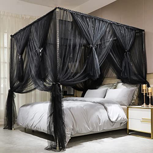 Joyreap 4 Corners Post Canopy Bed Curtain Black Royal Luxurious Cozy D Netting Elegant Bedroom Decoration Accessories For S 86 W X 78 L King F In 2022 Elegant Bedroom Decoration Accessories, California King Canopy Bed With Curtains