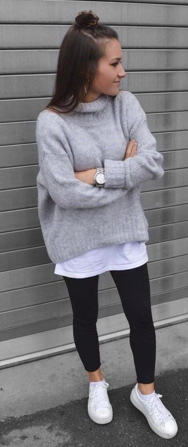 Simple Outfit Idea. | Pullovers outfit cute office outfit round bag plus grey