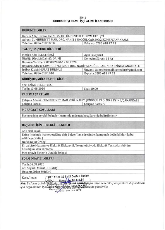 Ezine Belediyesi İşçi Alımı Ağustos 2020