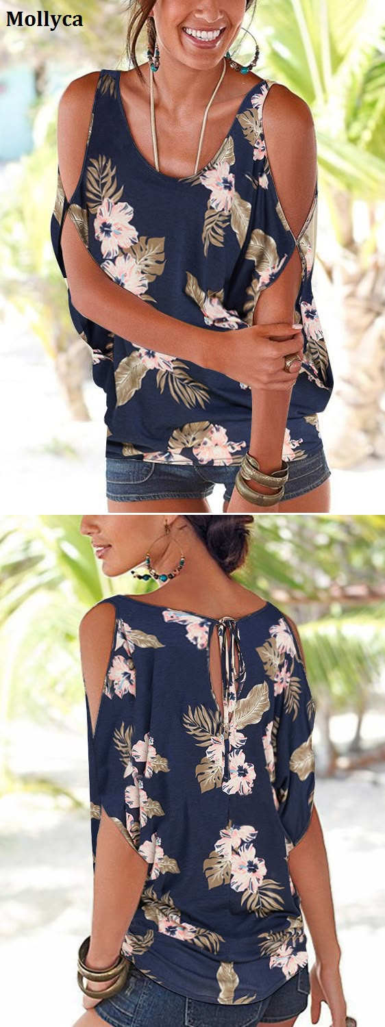 $17.56 USD Sale!Shop Now!Navy Random Floral Print Cold Shoulder Tie-up at Back Tshirts.#mollyca#fashion#tops