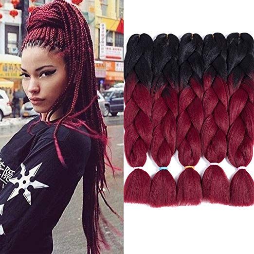 Two Tone Ombre Jumbo Braid Hair Extension For Braids Black To Burgundy 24 5 Pcs Lot Kanekal Crochet Hair Extensions Black Hair Extensions Crochet Hair Styles