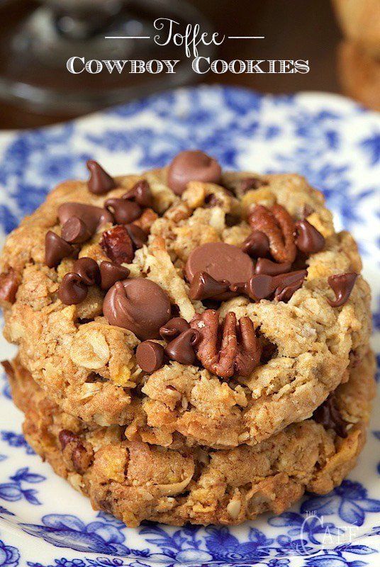 An old classic treat with a few fun twists, these cookies are loaded with chocolate chips, toffee bits and crisp toasted pecans.