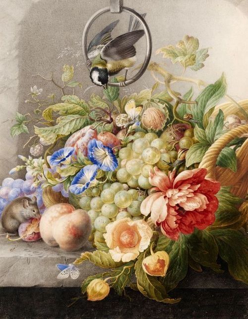 Henstenburg, Herman (1667 - 1726) - Still Life With Flowers, Fruit, A Black Bird And A Mouse (1700-10) ~ the Morning Glories are a nice touch <3