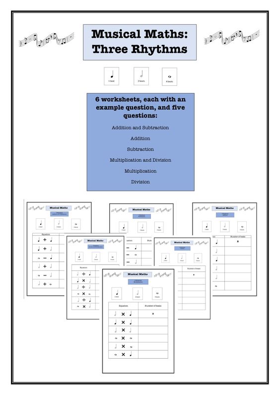 A set of six music teaching worksheets containing addition, subtraction, division and multiplication sums, using musical notation: Six worksheets: *An example on each sheet *Five questions to complete on each sheet *Using semibreves, minims and crotchets Suitable for: *Perfect for classes learning about notation values *A starter activity during a music lesson *A short filler activity during a music lesson *Distance learning