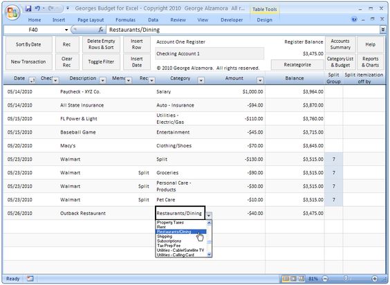 Georges Budget for Excel v70 Checkbook register, Budgeting and - budget spreadsheet excel Georges Budget for Excel v70 Checkbook register, Budgeting and - budget spreadsheet excel