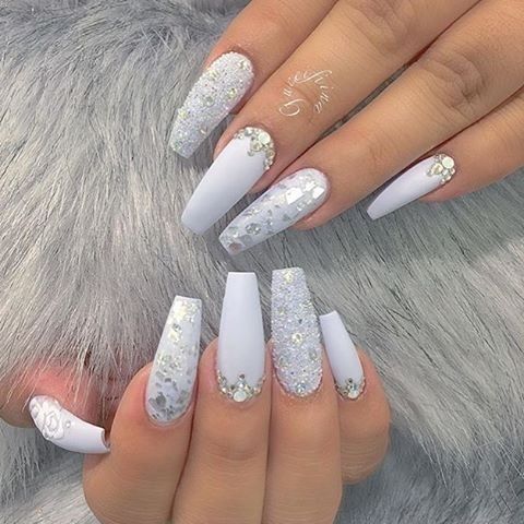 White Coffin Acrylic Nails With Diamonds Rhinestones Pink Acrylic Nails Red Acrylic Nails Diamond Nails