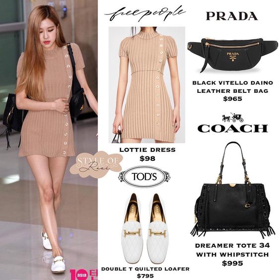 *⑅୨୧ 180919 ୨୧⑅* #BLACKPINK #ROSÉ ⠀ brand - FREE PEOPLE lottie dress brand - PRADA black vitello daino leather belt bag brand - COACH…