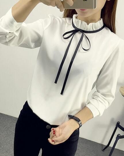 2016 primavera nuevas mujeres del diseño de moda elegante bow Lace Up adelgazan las camisas blanco blusas de manga larga para mujer