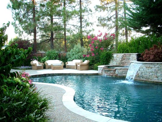 Swiming Pools Wooden Outdoor Sofas With Mini Waterfall Also Forest - pool im garten integrieren Swiming Pools Wooden Outdoor Sofas With Mini Waterfall Also Forest - pool im garten integrieren