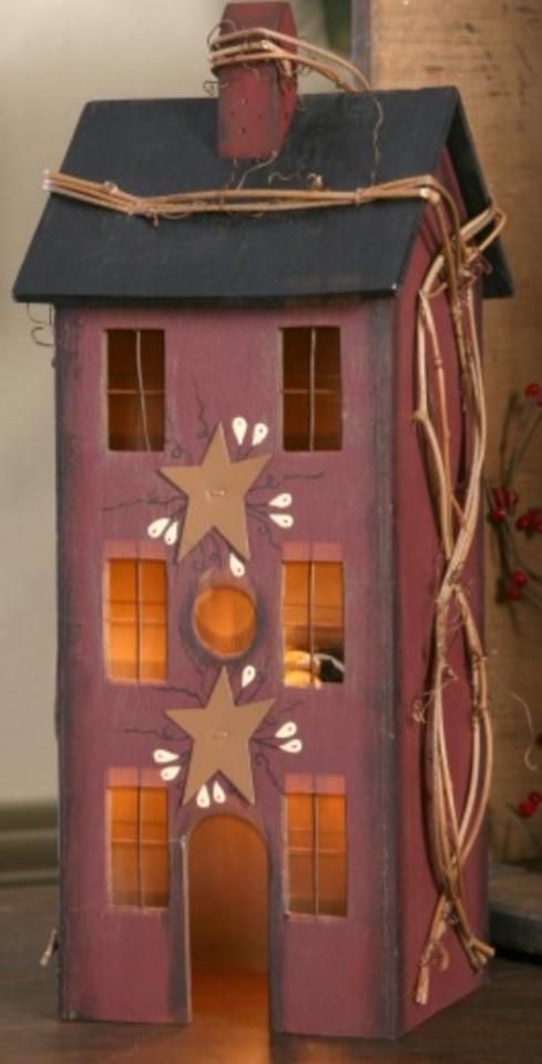 PRIMITIVE WOOD Whitewash ELECTRIC LIGHTED SALTBOX HOUSE