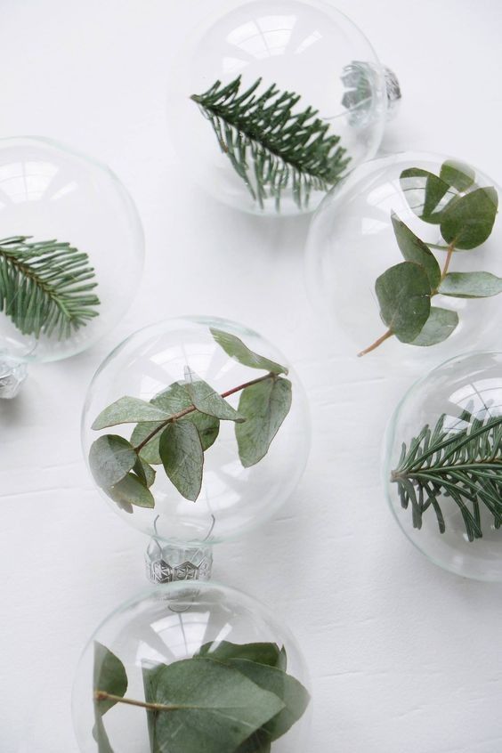 Des boules de Noël transparentes pour un Noël végétal et nature. Il suffit d\'y ajouter des feuilles, des branches, du green !