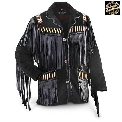 Men/'s Traditional Western cowboy Leather Jacket coat With Fringed Style