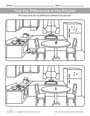 Kindergarten Travel Games Life Learning Worksheets: What's Different in the Kitchen?