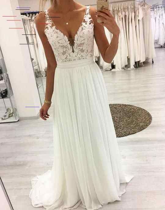 White v neck lace chiffon long prom dress, white lace Beach Wedding Dress White Chiffon Evening Dress Long Sleeve