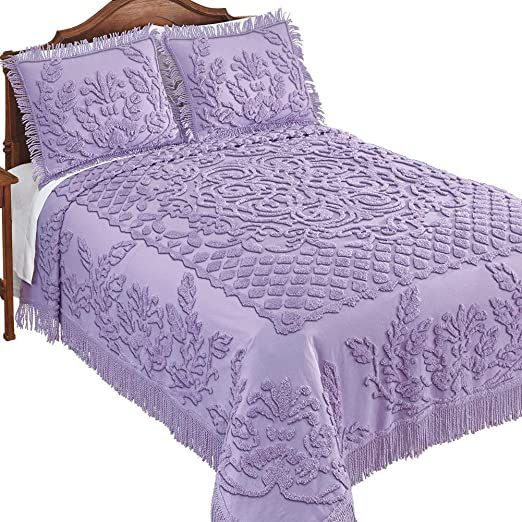White Year-Round D/écor for Bedroom Twin Exquisite Chenille Leaf Design Bedspread with Fringe Border
