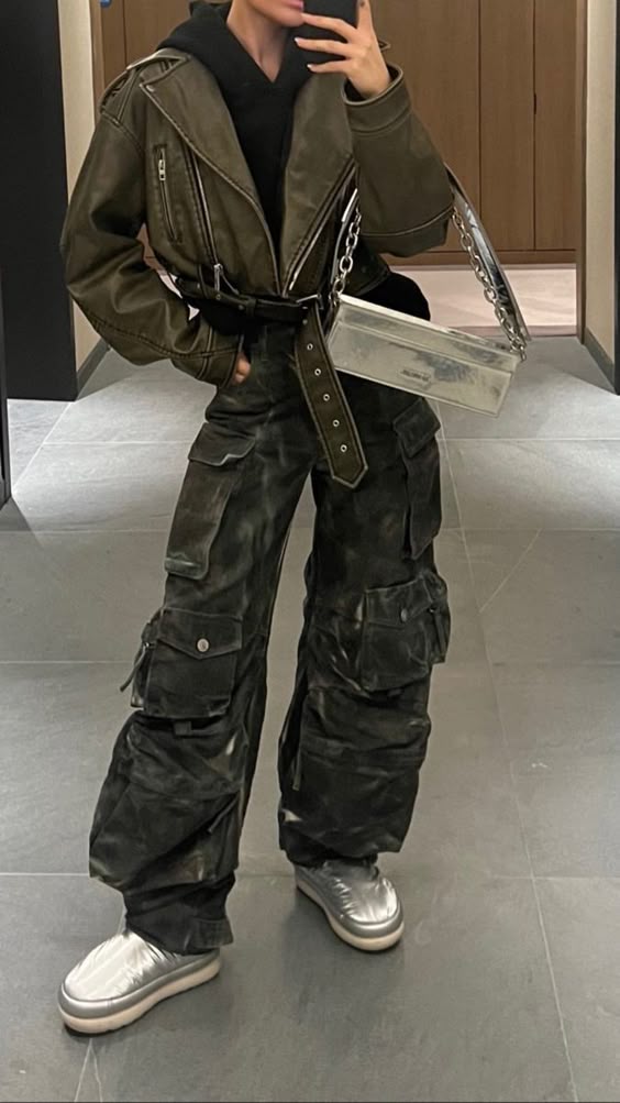 cargo pants outfit Dark Green Cargi Pants with Leather Jacket