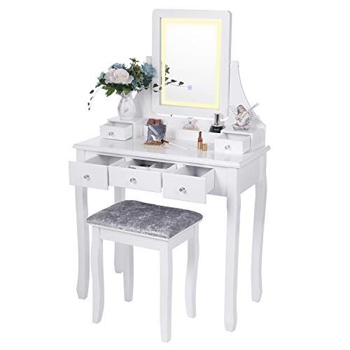 Bewishome Vanity Set With Lighted Mirror Dimming Touch Screen Switch Cushioned Stool Dressing Table Makeup Lights Bewishome Vanity Set With Lighted, Vanity Set With Lighted Mirror Cushioned Stool Dressing Table Makeup