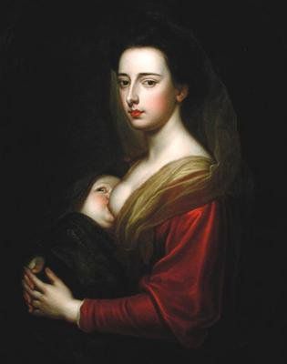 Title: Portrait of Lady Mary Boyle and Her Son Charles Boyle (oil on canvas in a painted oval) Summary: one of earliest known portraits of mother breast-feeding Artist: Sir Godfrey Kneller (1646-1723) Date: 17th Century