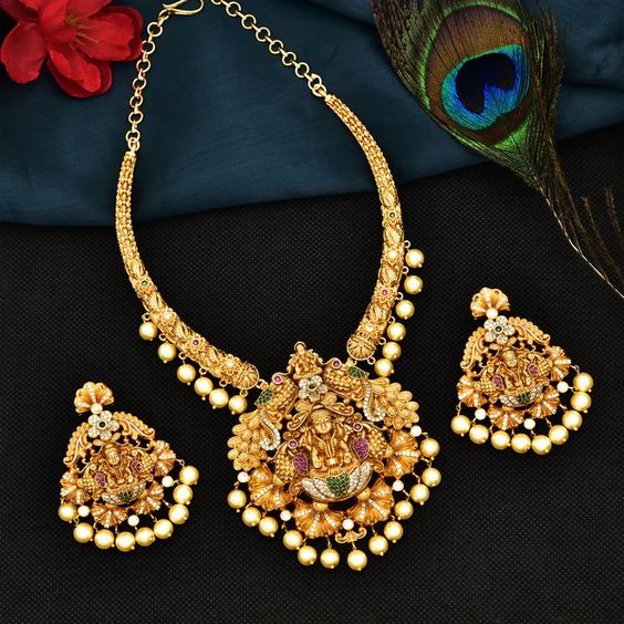 Antique Kempu CZ Lakshmi devi Necklace Set 113986 – Violet & Purple Designer Fashion Jewellery