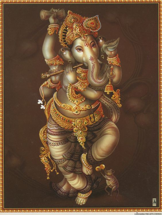 Ganesh, & his rat, dancing. Vintage-style devotional print. Paper size: 11.35 by 8.9 inches. Has thin white border. In very good clean condition. $4 domestic shipping, overseas $16. Flat rate for any number of prints.