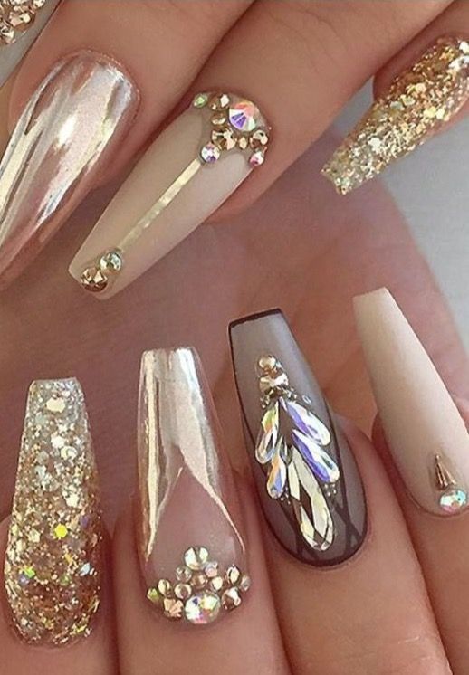 Black \u0026 Gold Rhinestone Coffin Nail Art